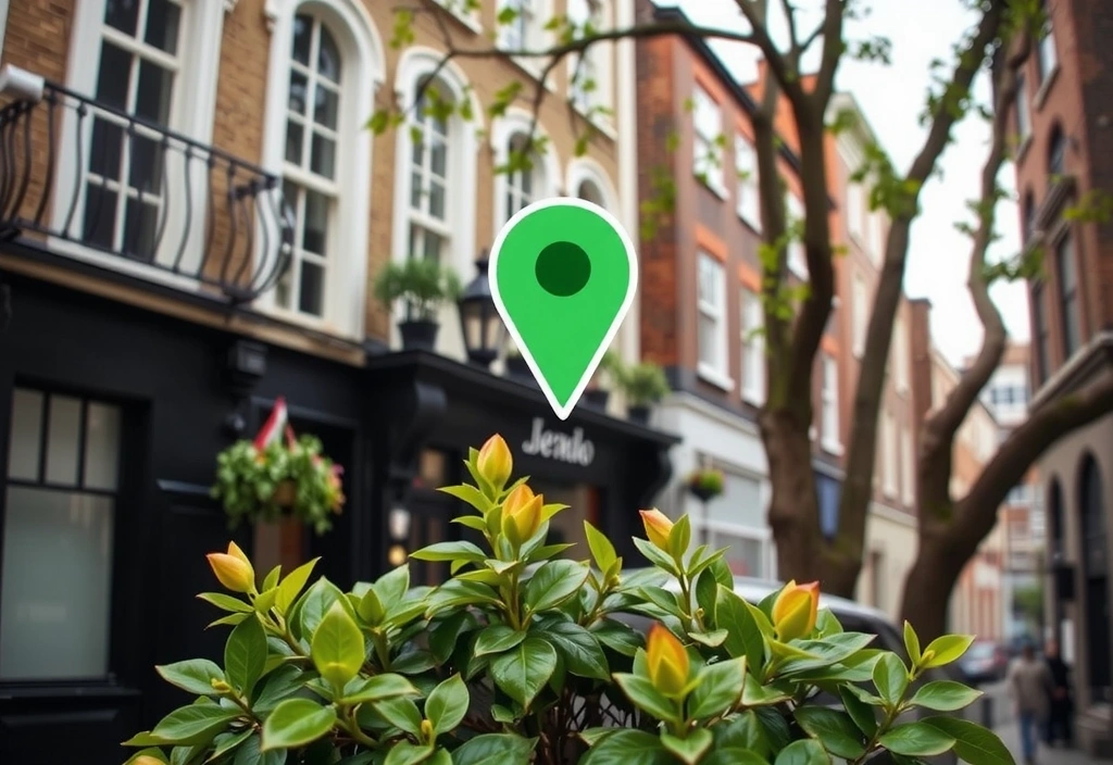 A stylized map pin icon over a blurred background of London streets, indicating location
