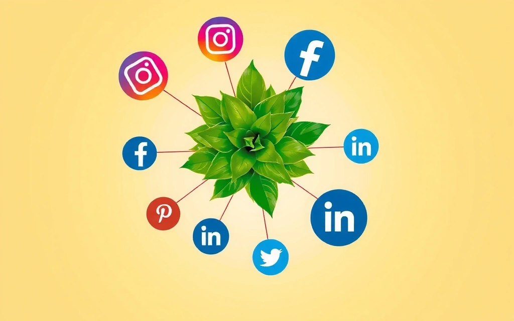 Various social media icons floating around a central plant illustration, symbolizing connection and growth