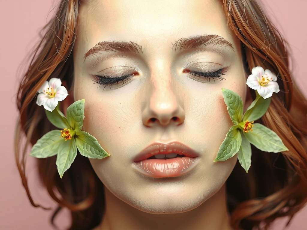 A serene image of a woman's face, with delicate botanical elements intertwined, symbolizing natural beauty and skincare.