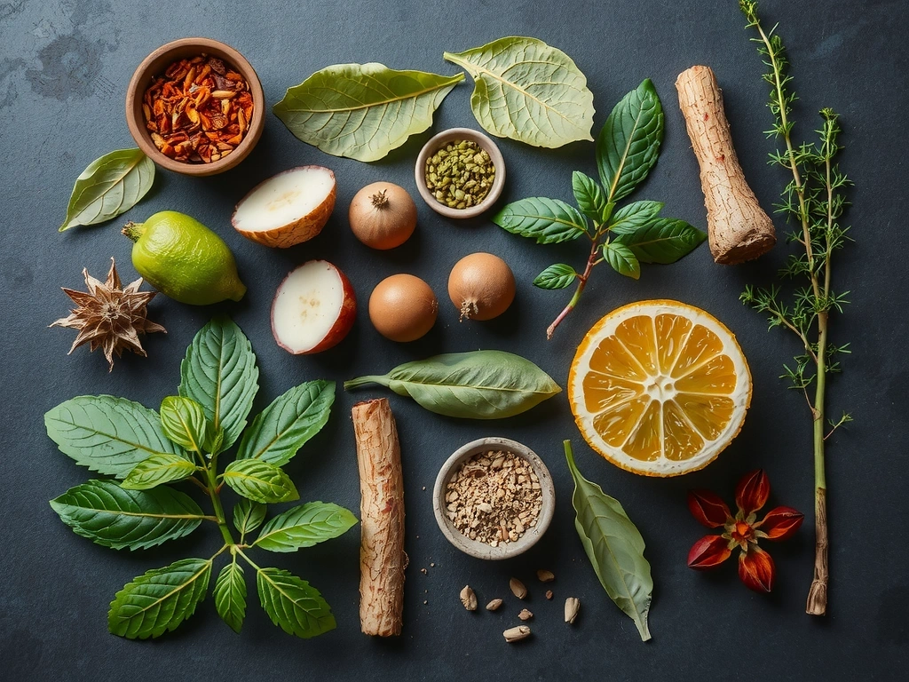 An artistic representation of natural ingredients, showing various herbs, leaves, and roots in a harmonious composition, clean and pure.