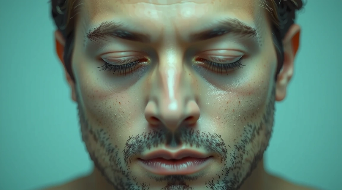 Close-up of a man's face looking refreshed and calm, subtle green undertones, symbolizing men's balance.