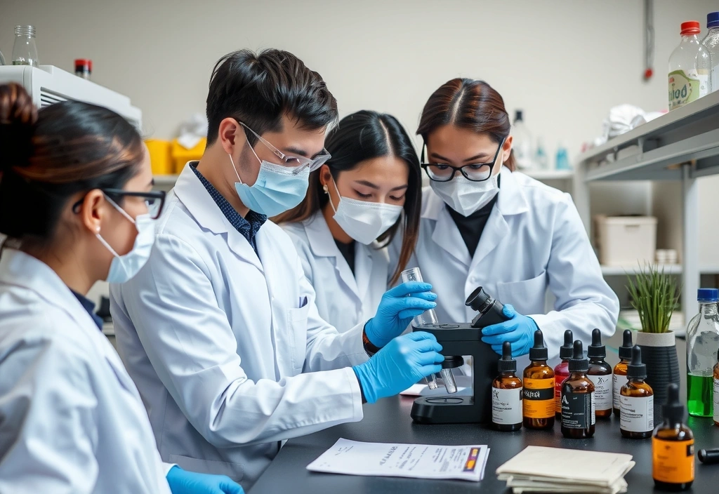 Scientists in a lab, meticulously formulating and testing botanical products, focus on precision and quality control.