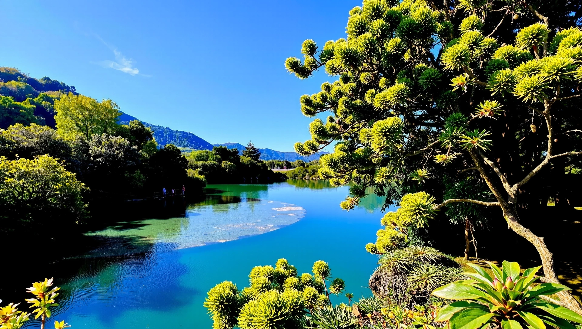 Serene natural landscape with lush greenery and clear water, symbolizing natural balance and botanical beauty.