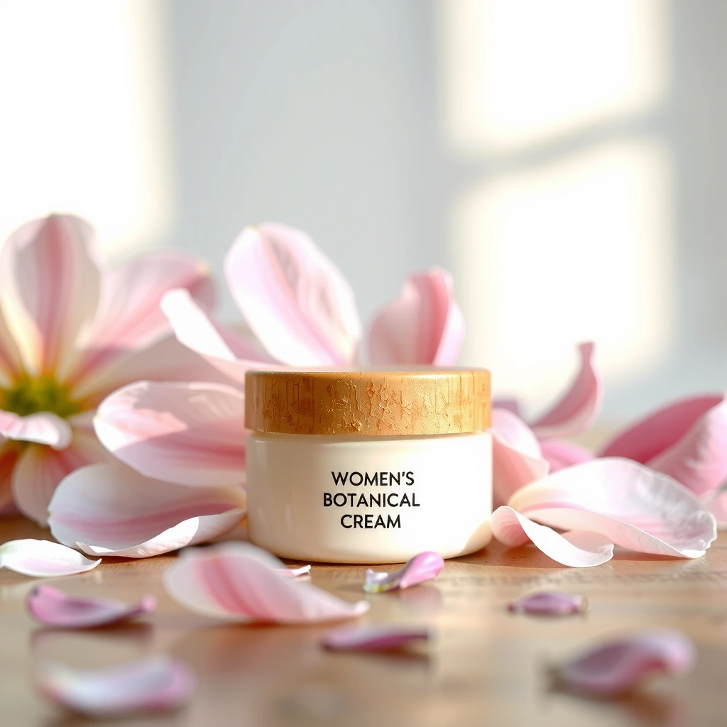 A jar of Women's Botanical Cream against a backdrop of delicate floral petals and soft, dewy light.