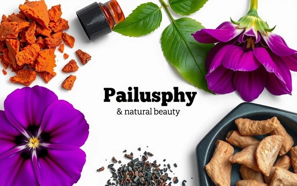 Close-up of vibrant, organic botanical ingredients like herbs, flowers, and roots laid out on a rustic wooden table, emphasizing purity and natural sourcing.