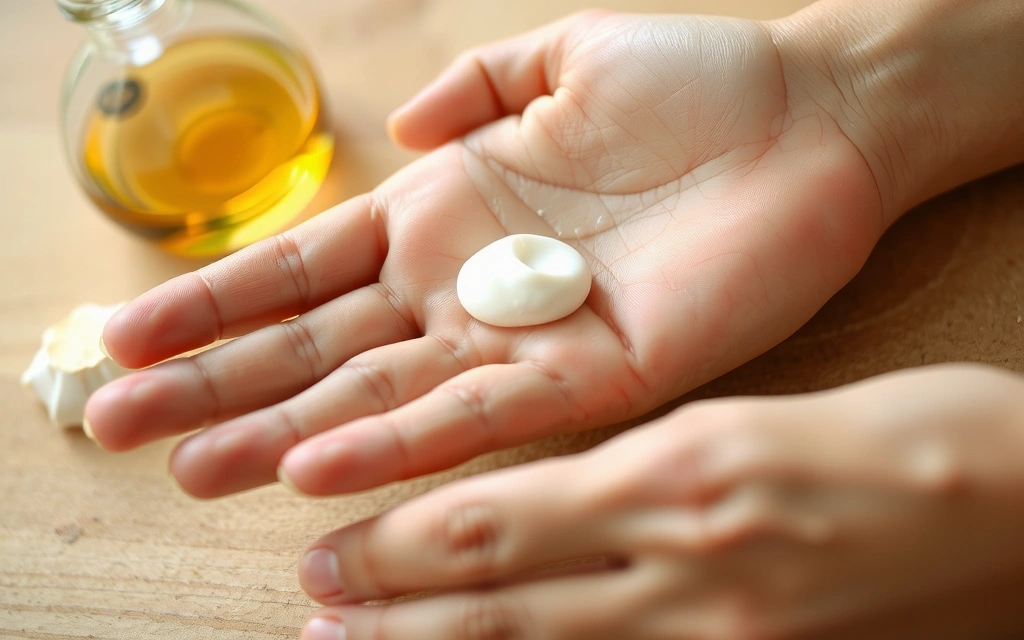 Close-up of a hand testing a small amount of cream on skin, with natural ingredients blurred in the background.